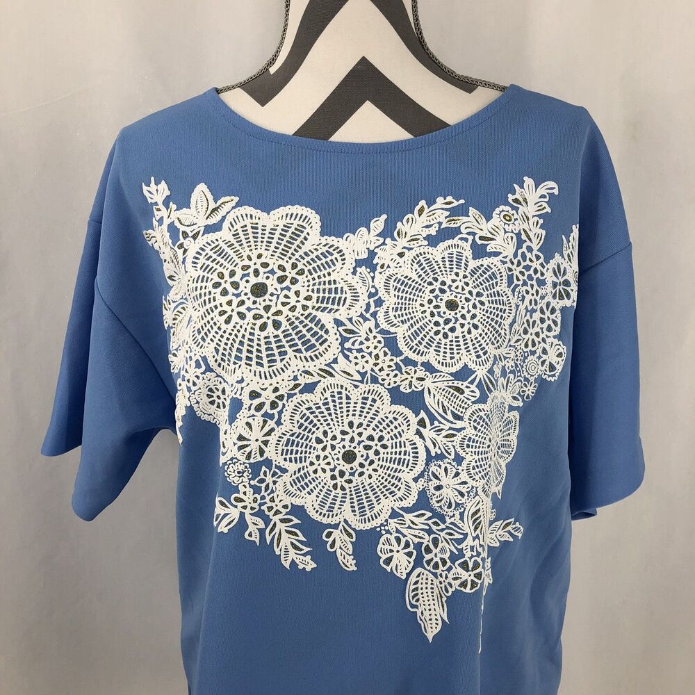 Village Fair Blue Gold Glitter T Shirt Blouse Lace Floral Print Vintage Medium